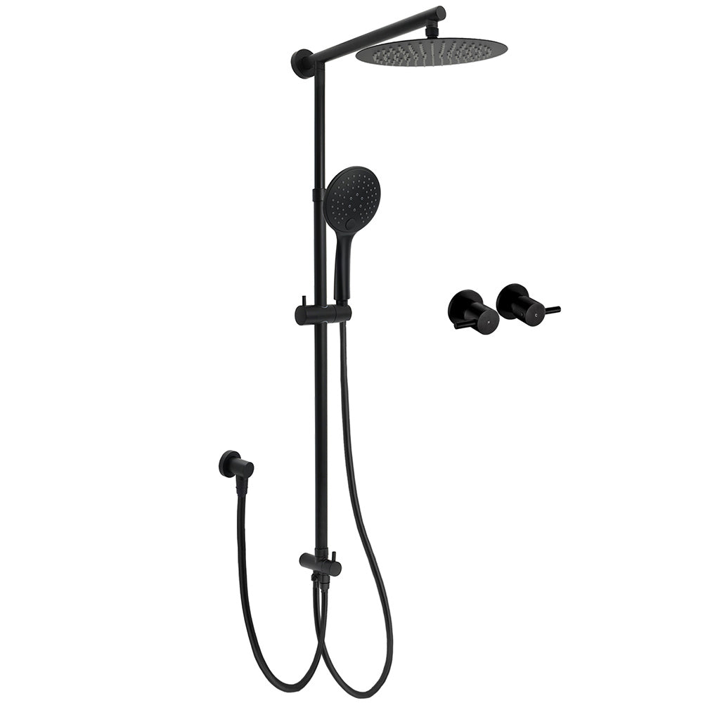 Dual Black Round Shower Set 10" Rain Head 3 Mode Handheld Sliding Rail Arm Twin Taps V1233-HR003M4CBSC842BKSR110BCF0282ABK