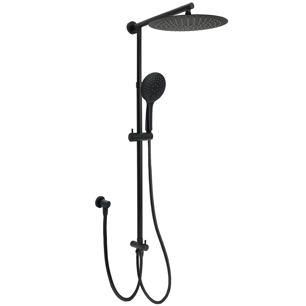 Matte Black Large 12" Twin Round Shower Head Set Handheld Diverter Rail Wall Arm V1233-HR003M4CBSC842BKSR112B