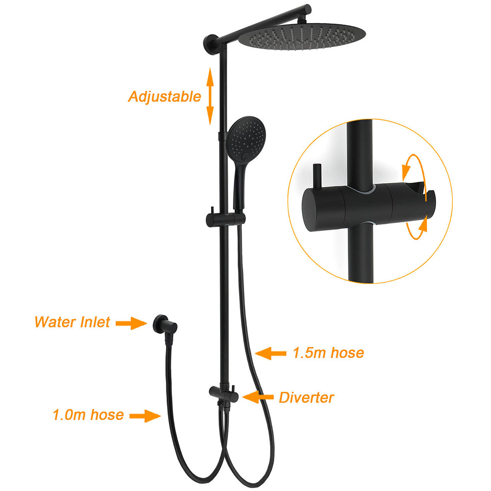 Matte Black Large 12" Twin Round Shower Head Set Handheld Diverter Rail Wall Arm V1233-HR003M4CBSC842BKSR112B