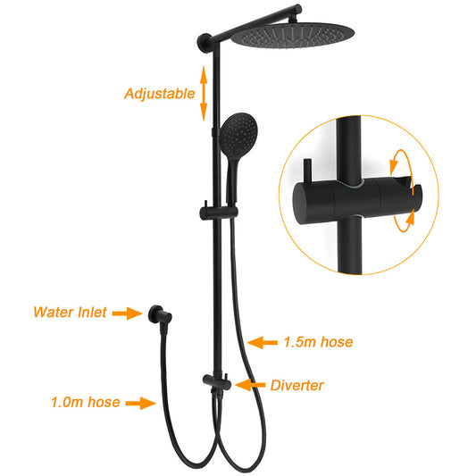 Matte Black Large 12" Twin Round Shower Head Set Handheld Diverter Rail Wall Arm V1233-HR003M4CBSC842BKSR112B