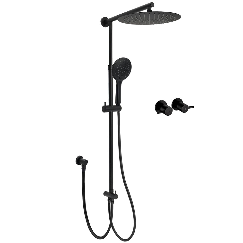 WELS Matte Black 12" 2in1 Round Shower Head Set Handheld Diverter Rail Wall Arm Twin Taps V1233-HR003M4CBSC842BKSR112BCPF0282ABK