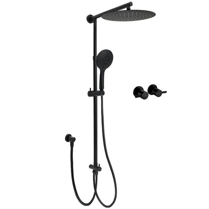 WELS Matte Black 12" 2in1 Round Shower Head Set Handheld Diverter Rail Wall Arm Twin Taps V1233-HR003M4CBSC842BKSR112BCPF0282ABK