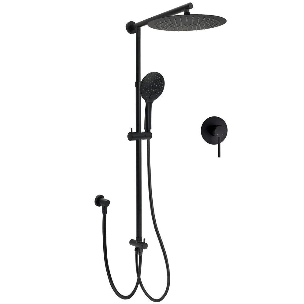 WELS Matte Black 12" Twin Round Shower Head Set Handheld Diverter Rail Wall Arm Mixer V1233-HR003M4CBSC842BKSR112BKRD201B