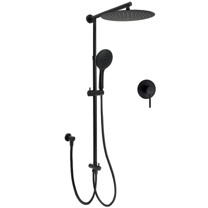 WELS Matte Black 12" Twin Round Shower Head Set Handheld Diverter Rail Wall Arm Mixer V1233-HR003M4CBSC842BKSR112BKRD201B