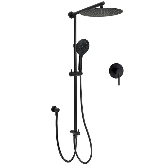 WELS Matte Black 12" Twin Round Shower Head Set Handheld Diverter Rail Wall Arm Mixer V1233-HR003M4CBSC842BKSR112BKRD201B