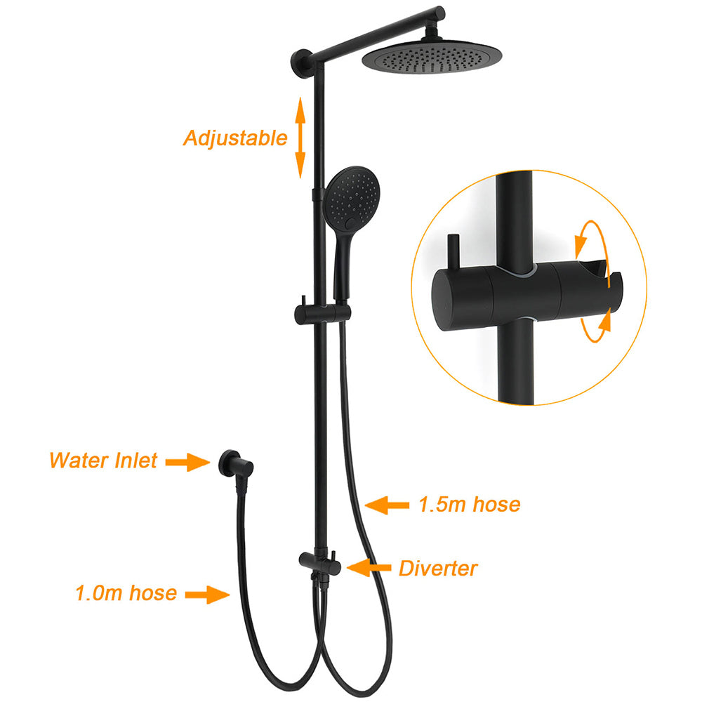 WELS Matt Black 9" Round Rain Shower Head Handheld Adjustable Rail Arm Elbow 2in1 Set V1233-HR003M4CBSC842BSR0901B