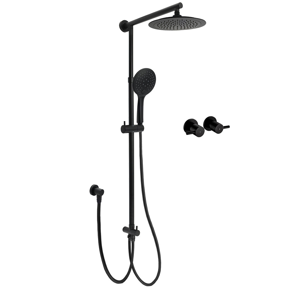 Matt Black 9" Round Rain Shower Head Handheld Adjustable Rail Arm Elbow Twin Set Hot Cold Taps V1233-HR003M4CBSC842BSR0901BCPF0282ABK
