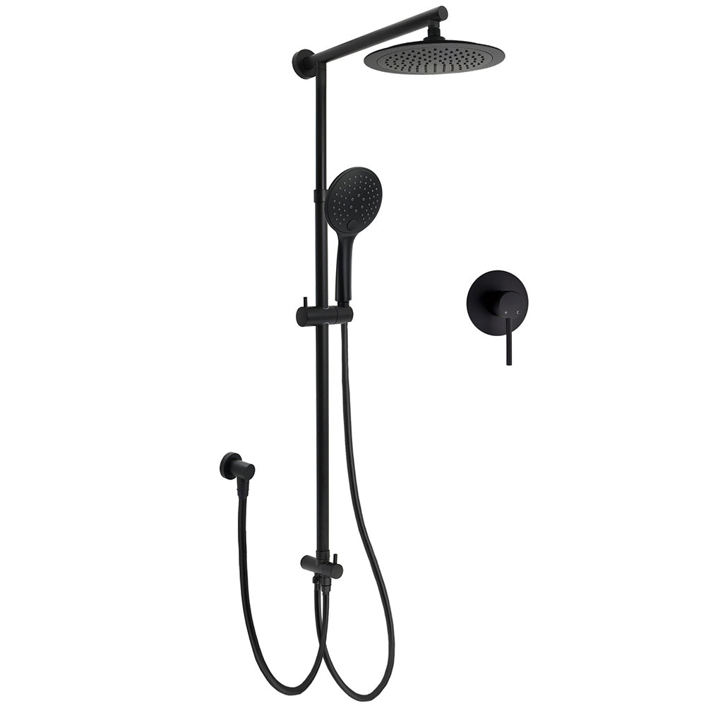 Matt Black 9" Round Rain Shower Head Handheld Adjustable Rail Arm Elbow Twin Set + Single Mixer V1233-HR003M4CBSC842BSR0901BKRD201B