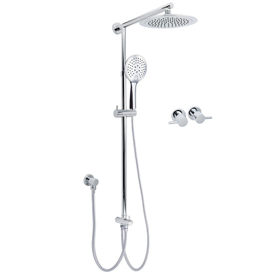 WELS Chrome Round 9" Rainfall Dual Shower Head & Handheld Sliding Rail Wall Arm Twin Taps V1233-HR003M4CSC842SR0901CPF0282A
