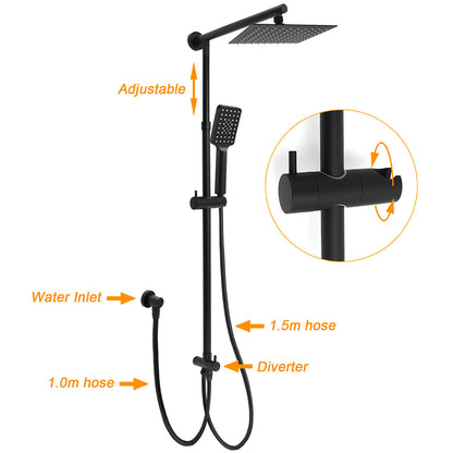 Matt Black 2in1 Set 8" Square Thin Shower Head Handheld Adjustable Silding Rail Arm V1233-HS002M4CBSC842BKSS108B