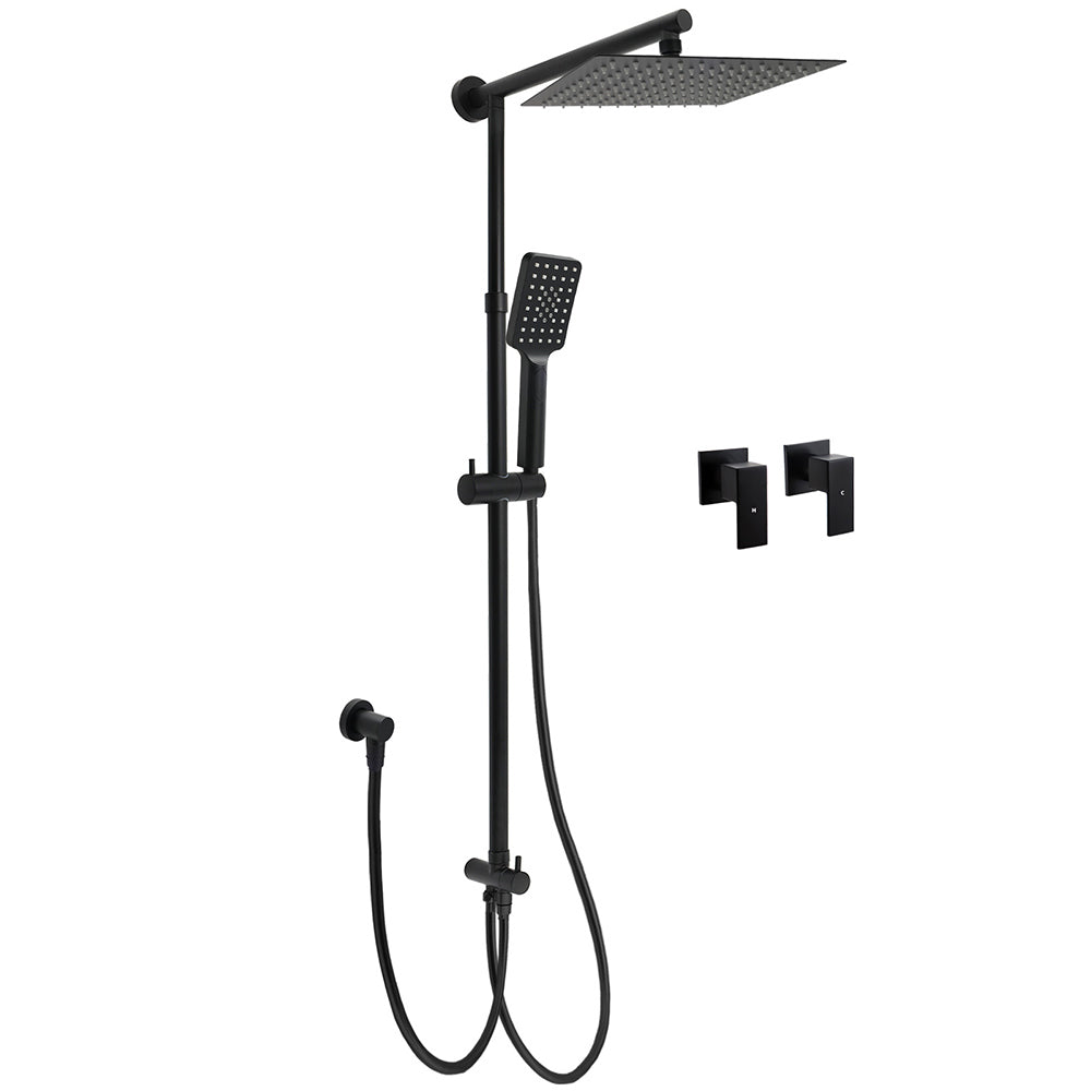 Matt Black 2in1 Set Square 10" Shower Rain Head Handheld Adjustable Silding Rail + Twin Taps V1233-HS002M4CBSC842BKSS110BCPF0272BK