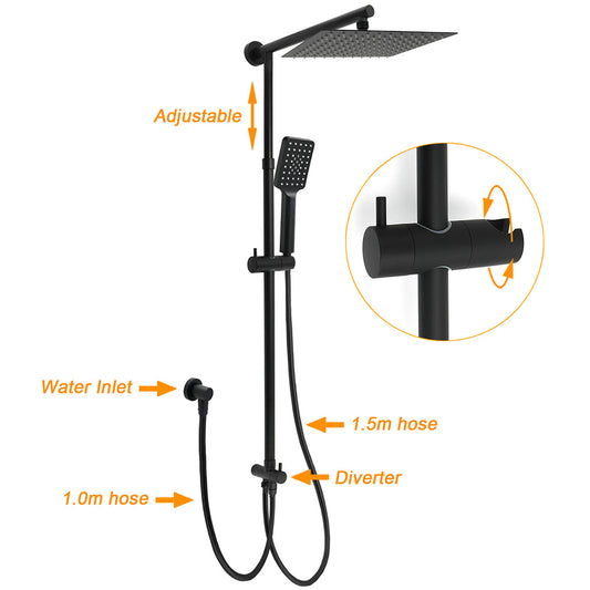Matt Black 2in1 Set Square 10" Shower Rain Head Handheld Adjustable Silding Rail + Twin Taps V1233-HS002M4CBSC842BKSS110BCPF0272BK