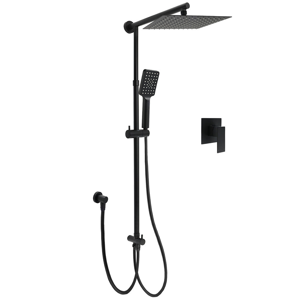 Matt Black 2in1 Set Square 10" Shower Rain Head Handheld Adjustable Silding Rail + Mixer V1233-HS002M4CBSC842BKSS110BKSQ201B