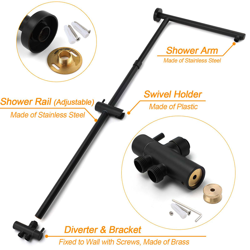 WELS Matt Black Dual Shower Large 12" Square Head Handheld Adjustable Silding Rail Set V1233-HS002M4CBSC842BKSS112B