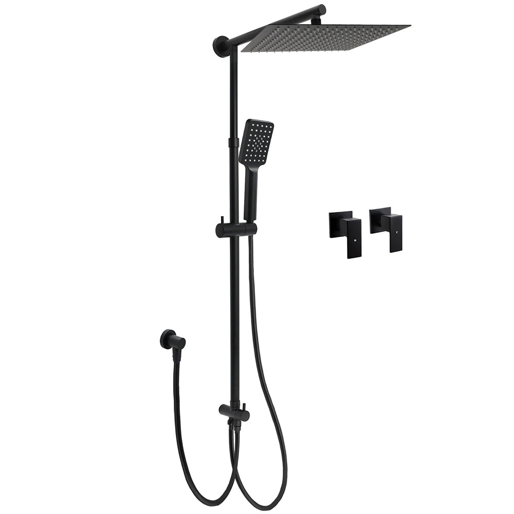 Matt Black Dual Shower Large 12" Square Head Handheld Adjustable Silde Rail Set Twin Taps V1233-HS002M4CBSC842BKSS112BCPF0272BK