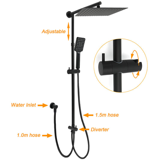 Matt Black Dual Shower Large 12" Square Head Handheld Adjustable Silde Rail Set Twin Taps V1233-HS002M4CBSC842BKSS112BCPF0272BK