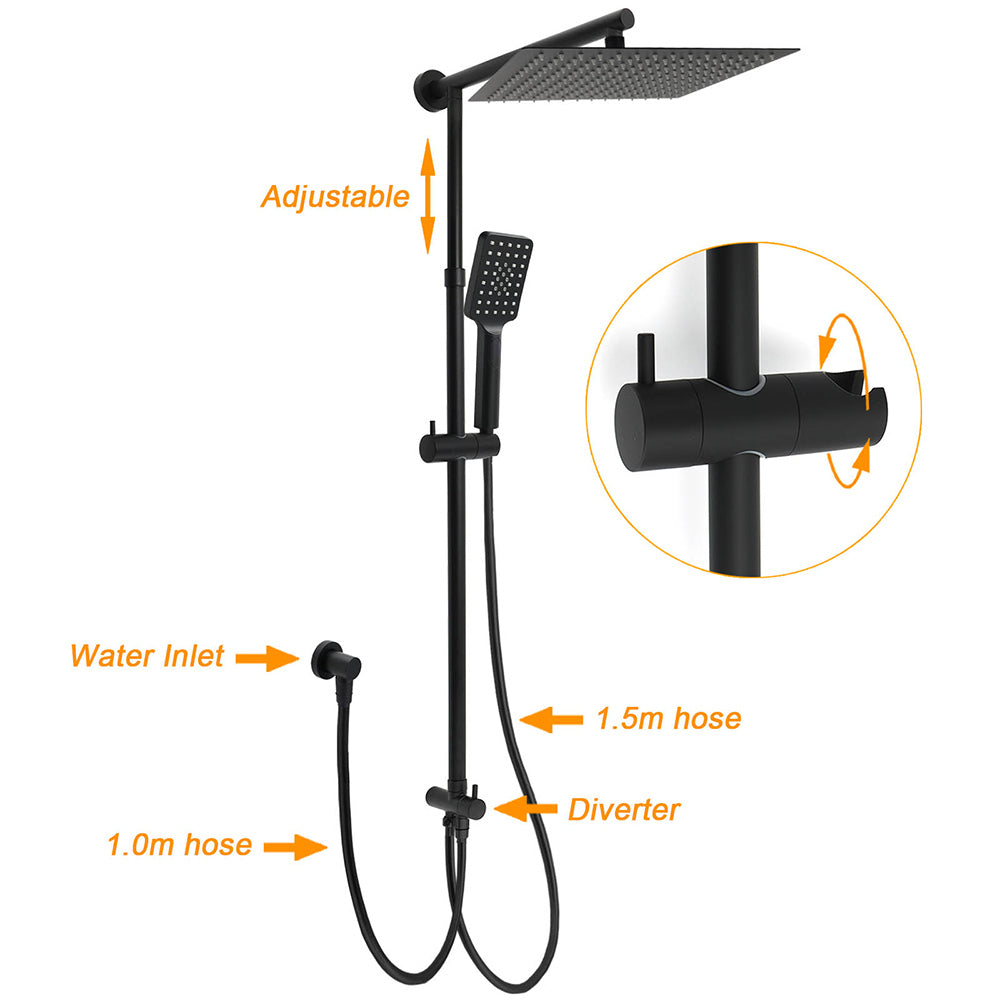 Matt Black Dual Shower Large 12" Square Head Handheld Adjustable Silde Rail Set Mixer V1233-HS002M4CBSC842BKSS112BKSQ201B