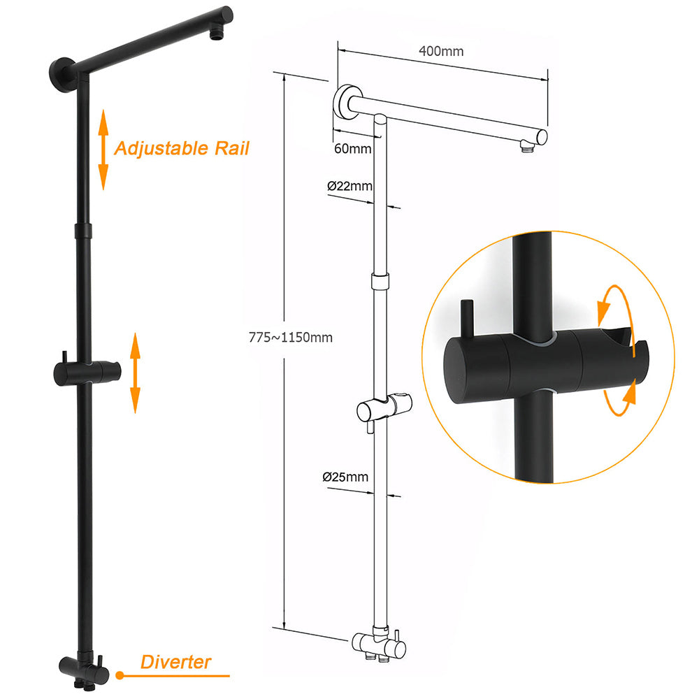 Matt Black Dual Shower Large 12" Square Head Handheld Adjustable Silde Rail Set Mixer V1233-HS002M4CBSC842BKSS112BKSQ201B