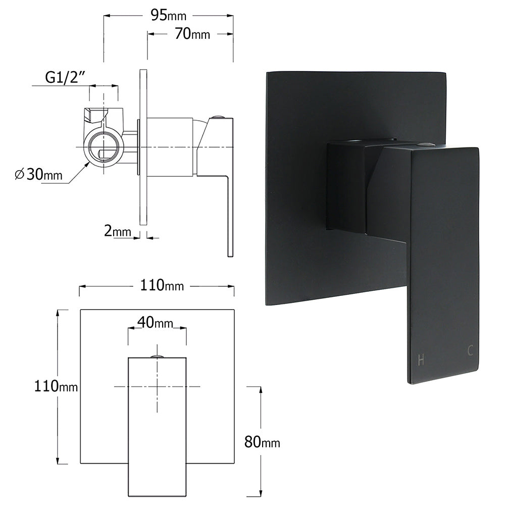 Matt Black Dual Shower Large 12" Square Head Handheld Adjustable Silde Rail Set Mixer V1233-HS002M4CBSC842BKSS112BKSQ201B