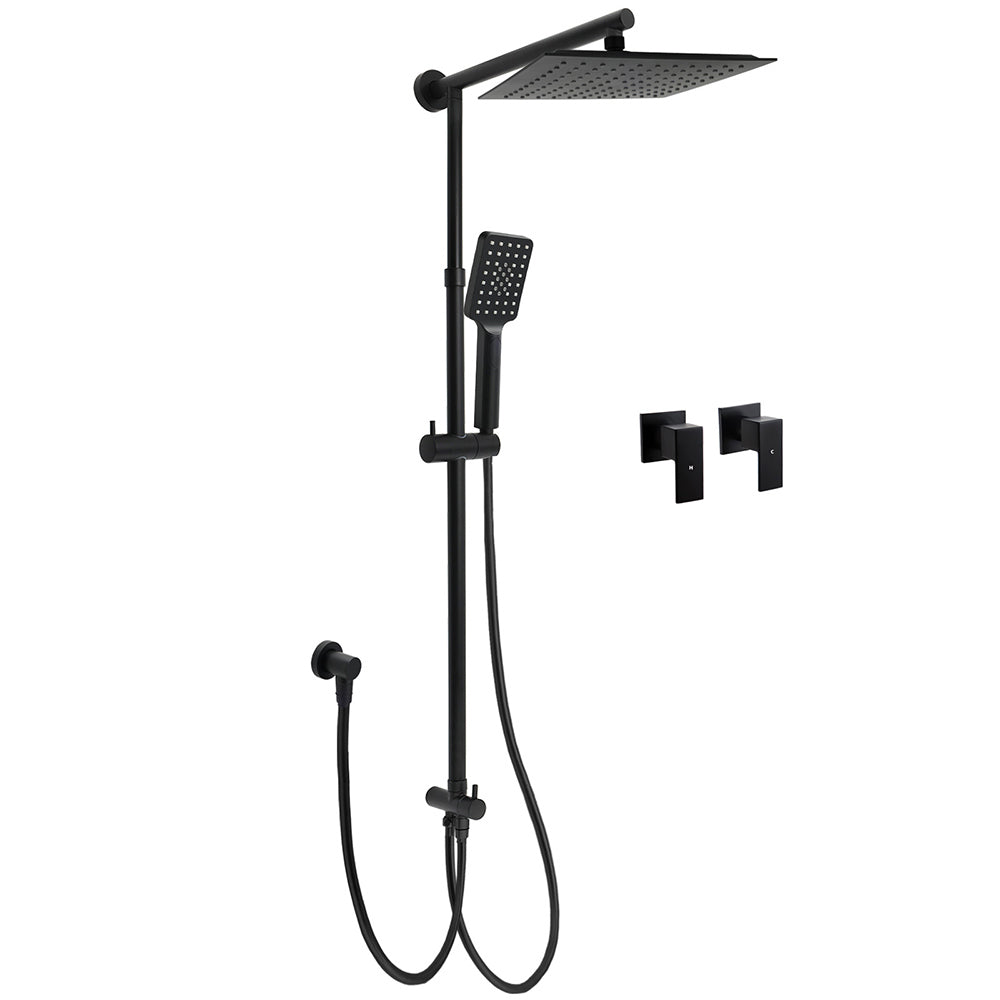 WELS Matt Black 2in1 Square 10" Rain Shower Head 3 Mode Handheld Adjustable Rail Twin Taps Set V1233-HS002M4CBSC842BSS1001BCPF0272BK