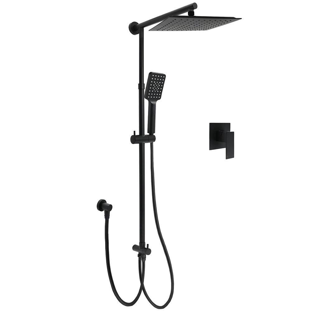 WELS Matt Black 2in1 Square 10" Rain Shower Head 3 Mode Handheld Adjustable Rail Set + Mixer V1233-HS002M4CBSC842BSS1001BKSQ201B
