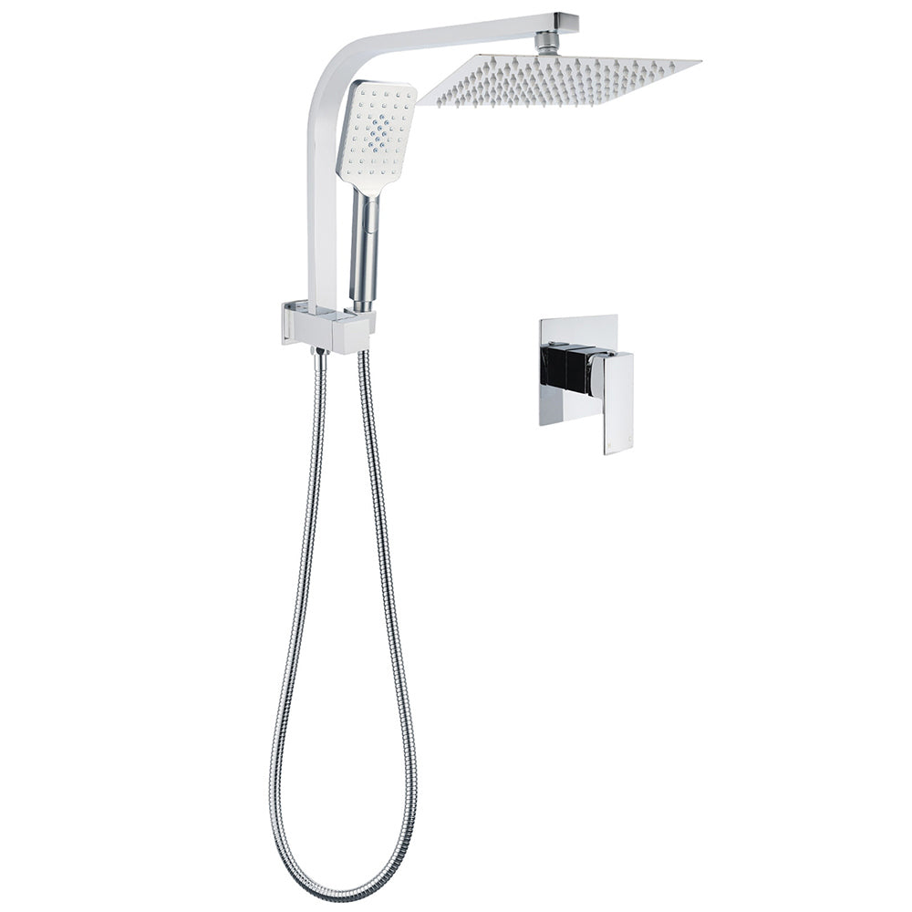 WELS Chrome Square Dual Rain Shower 8" Head 3 Mode Handheld Diverter Wall Arm Mixer Set V1233-HS002M4CKSS108A702KSQ201CR