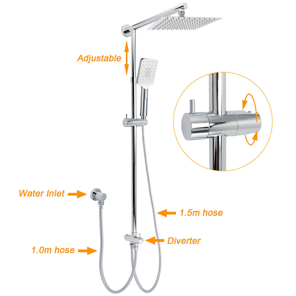 Chrome Square 8" Rain Shower Head 3 Mode Handheld Sliding Rail Arm 2 IN 1 Set Diverter V1233-HS002M4CSC842KSS108