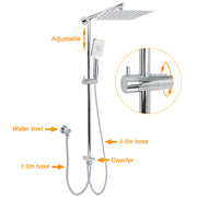 Chrome Square 10" Twin Shower Head Handheld Sliding Rail Set Wall Inlet Diverter V1233-HS002M4CSC842KSS110