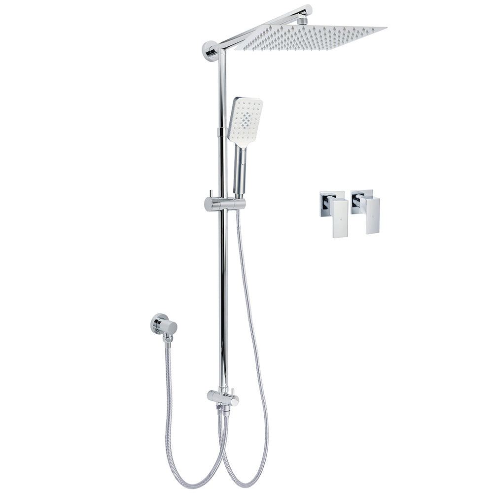 Chrome Square 10" Twin Shower Head Handheld Sliding Rail Set Wall Inlet Diverter Twin Taps V1233-HS002M4CSC842KSS110CPF0272A