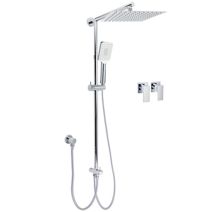 Chrome Square 10" Twin Shower Head Handheld Sliding Rail Set Wall Inlet Diverter Twin Taps V1233-HS002M4CSC842KSS110CPF0272A