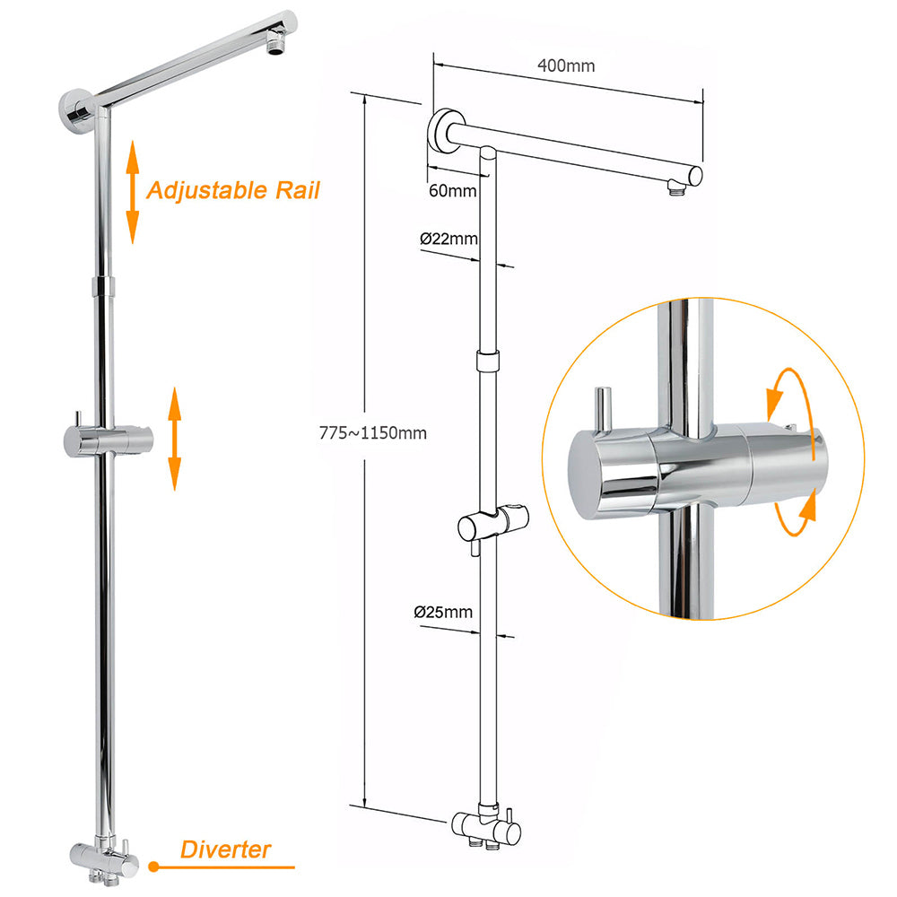 Chrome Square 10" Twin Shower Head Handheld Sliding Rail Set Wall Inlet Diverter Twin Taps V1233-HS002M4CSC842KSS110CPF0272A