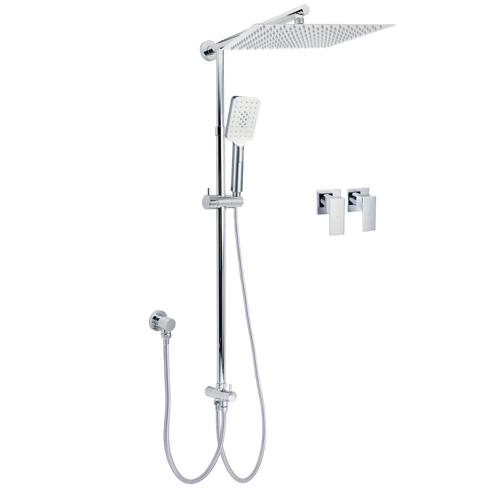 Double Square Shower Head 12" Rain Rose + 3 Modes Handheld Diverter Rail Arm Taps Set V1233-HS002M4CSC842KSS112CPF0272A