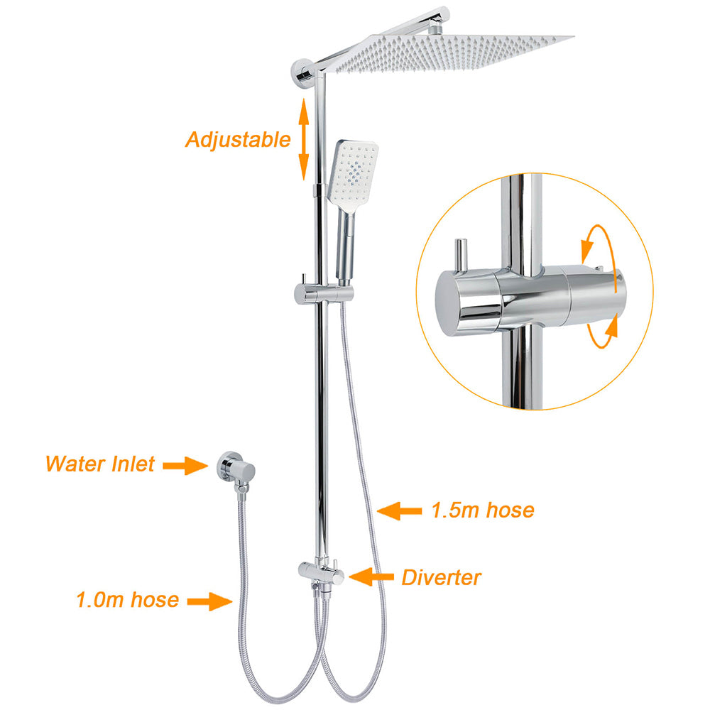 Double Square Shower Head 12" Rain Rose + 3 Modes Handheld Diverter Rail Arm Taps Set V1233-HS002M4CSC842KSS112CPF0272A