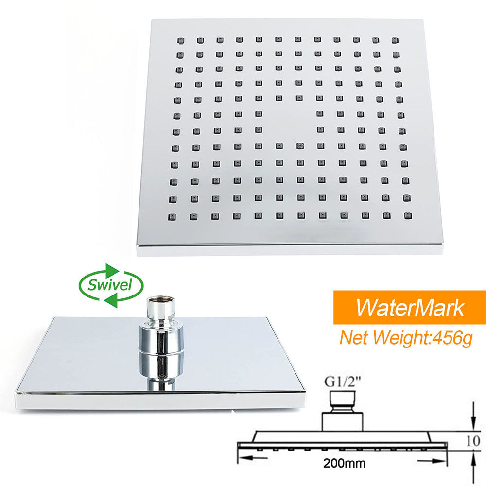 WELS Square Chrome Shower 8" Rainfall Head 3 Mode Handheld Sliding Rail Wall Arm Set V1233-HS002M4CSC842SS0801