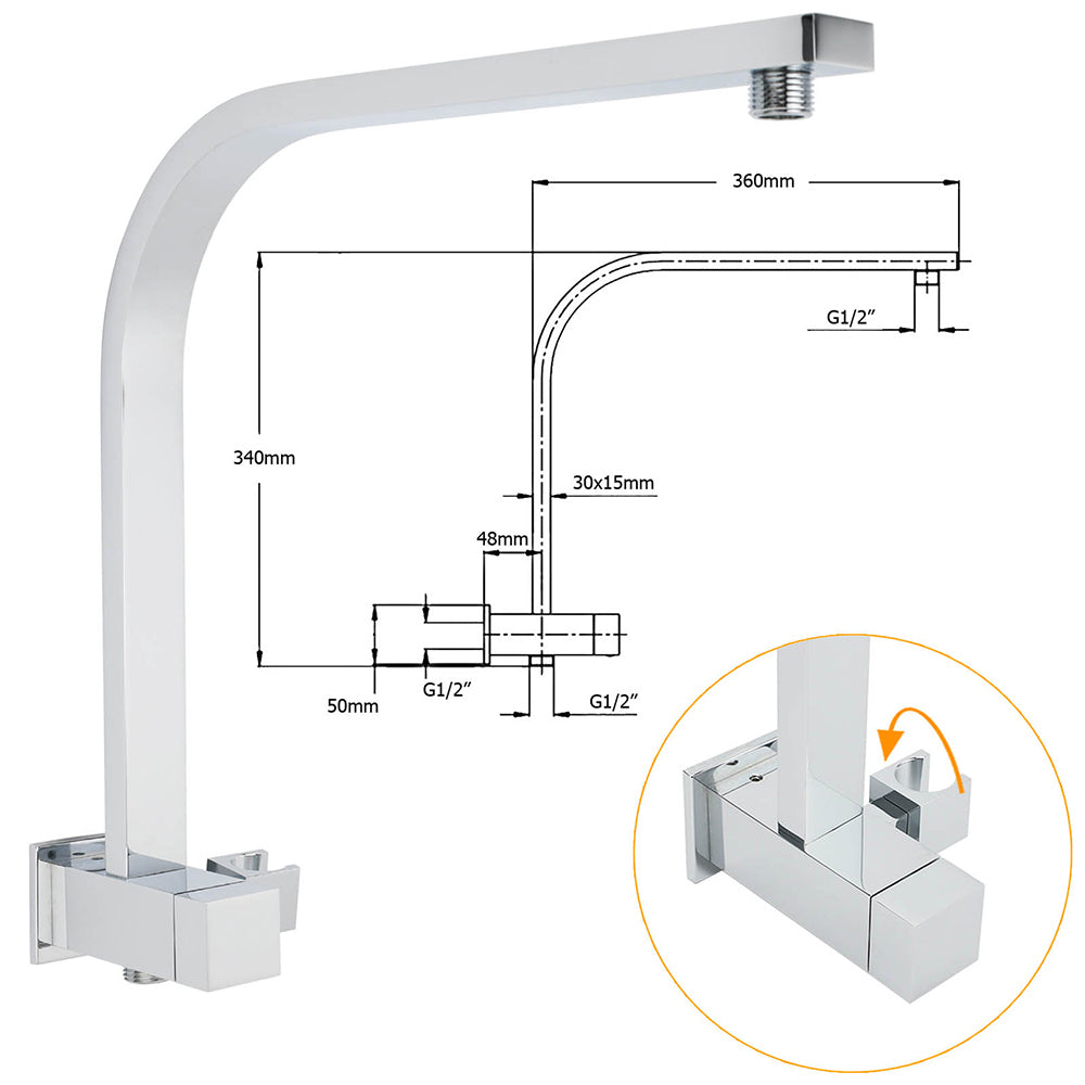 WELS Dual Square Shower Head 3 Mode Handheld Diverter Wall Arm 10" Rain Set V1233-HS002M4CSS1001A702