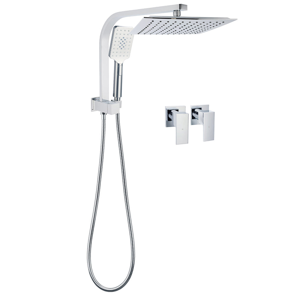 WELS Twin Square 10" Rain Shower Head 3 Mode Handheld Diverter Wall Arm Taps Valve V1233-HS002M4CSS1001A702CPF0272A