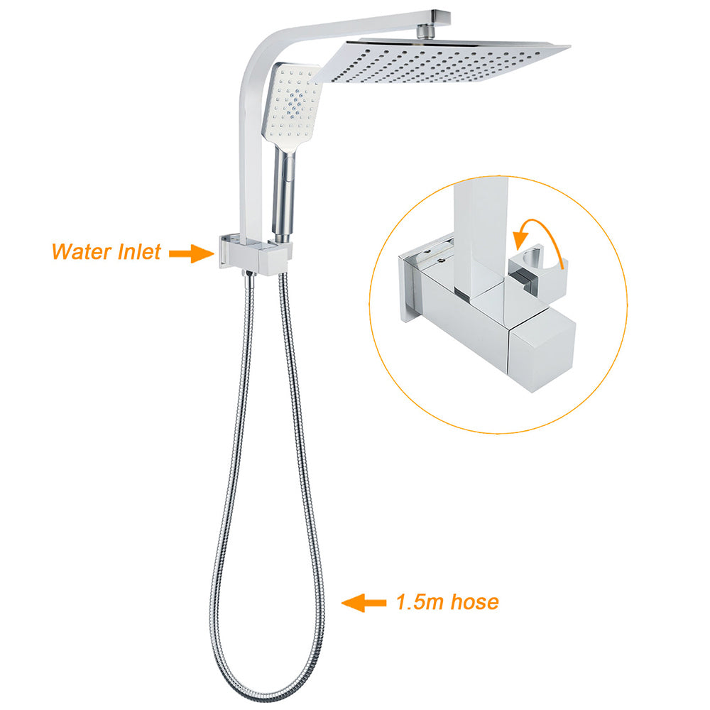 WELS Twin Square 10" Rain Shower Head 3 Mode Handheld Diverter Wall Arm Mixer Set V1233-HS002M4CSS1001A702KSQ201CR