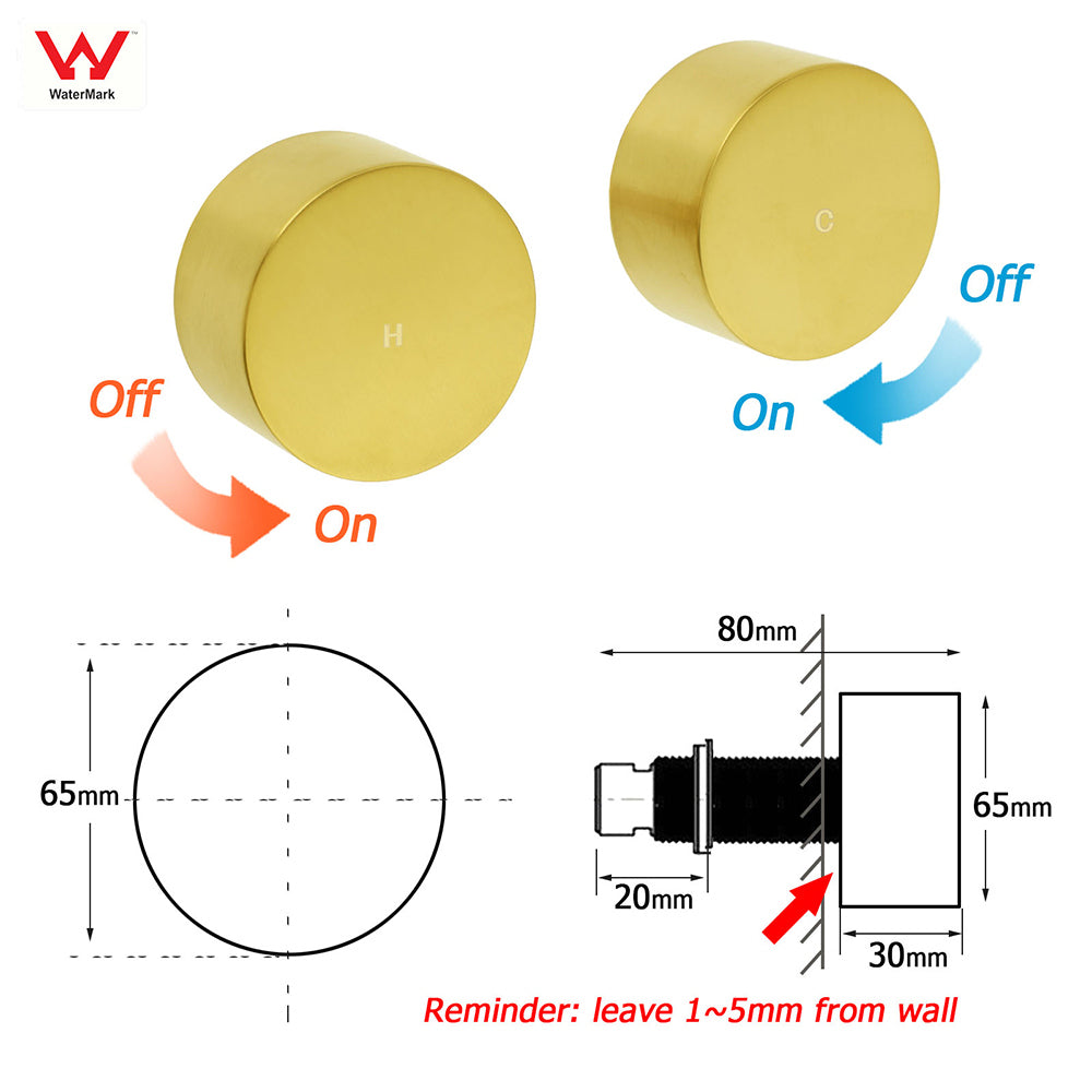 Brushed Gold 1/4 Turn Round Knob Hot Cold Tap Wall Set For Shower Vanity Spout V1233-KC0292BG