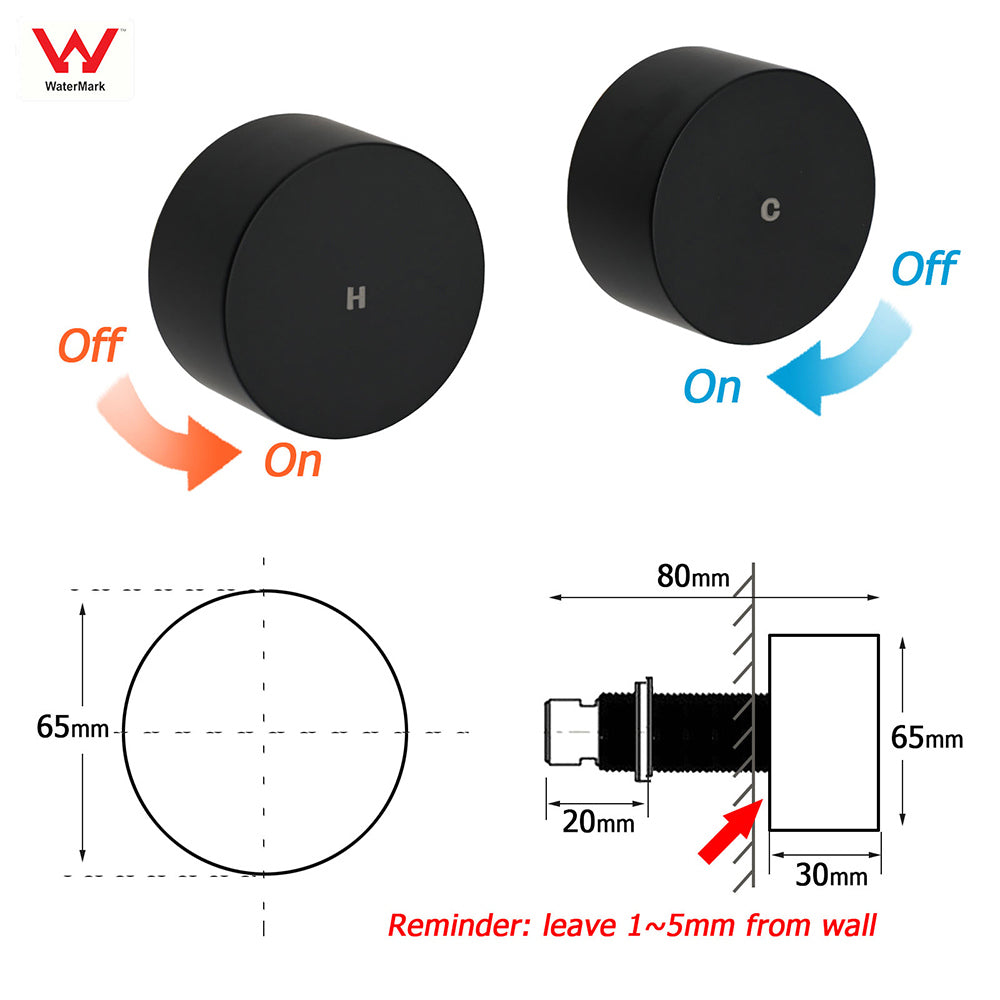 Matt Black Round 1/4 Turn Twin Shower Taps Hot Cold Wall Set Bath Vanity Mixer V1233-KC0292BL