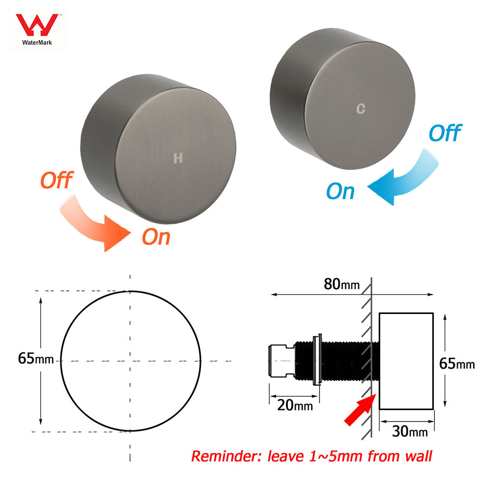 Gun Metal Grey 1/4 Turn Round Hot Cold Tap Wall Set Shower Vanity Spout Switch V1233-KC0292GM