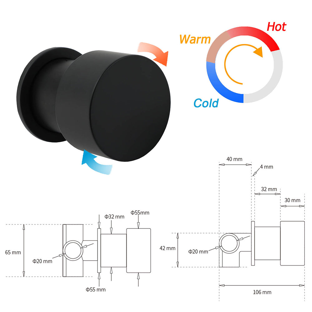 Matt Black Round Knob Concealed Shower Mixer Valve Hot Cold Water Switch Tap Kit V1233-KC1292BL