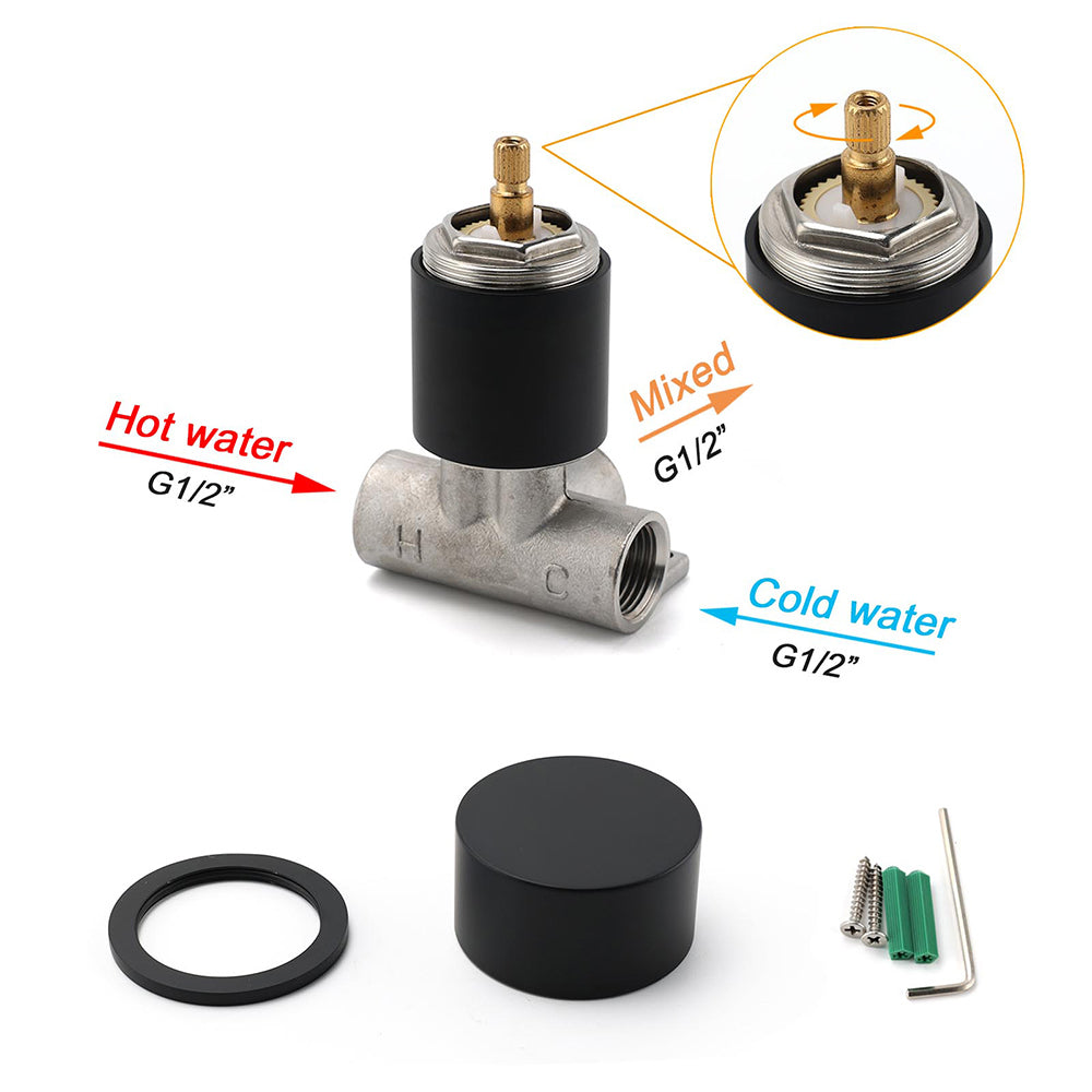 Matt Black Round Knob Concealed Shower Mixer Valve Hot Cold Water Switch Tap Kit V1233-KC1292BL
