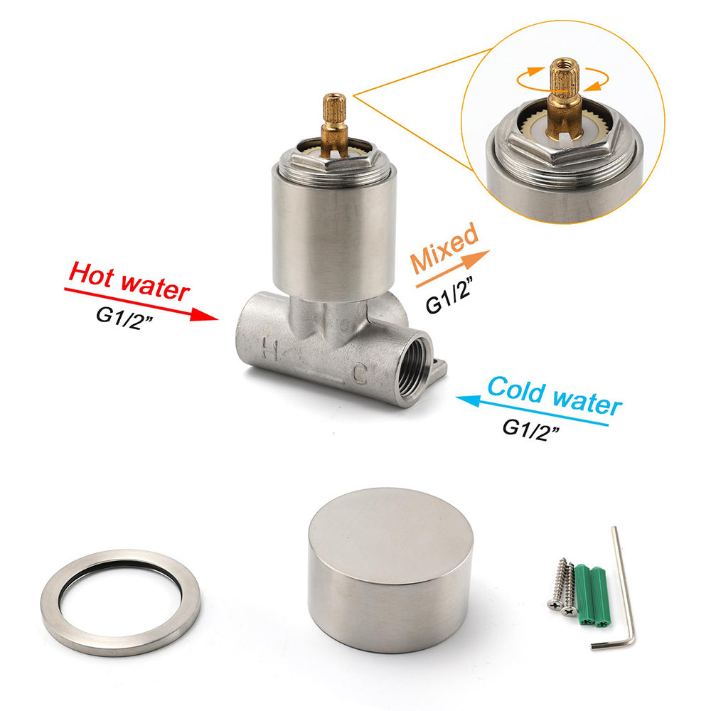 Brushed Nickel Bath Shower Mixer Round 1/4 Knob Hot Cold Tap Cartridge Spindle V1233-KC1292BN