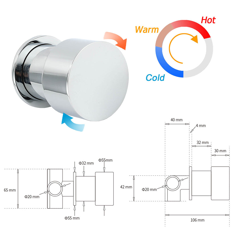 Watermark Chrome 1/4 Turn Switch Hot Cold Water Mixer Bathroom Shower Tap Valve V1233-KC1292CR