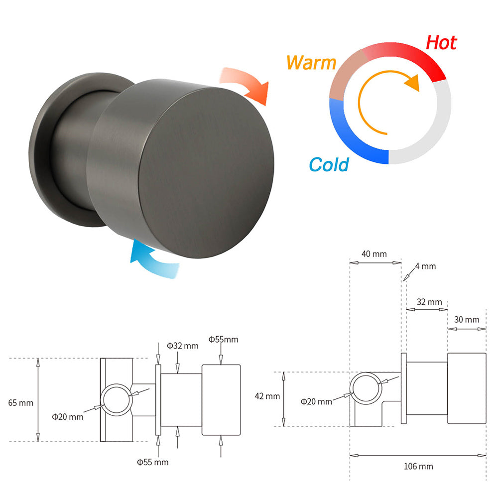 Gun Metal Round 1/4 Knob Handle Wall Mounted Shower Hot Cold Water Mixer Tap Kit V1233-KC1292GM