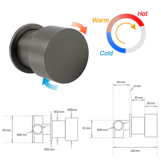 Gun Metal Round 1/4 Knob Handle Wall Mounted Shower Hot Cold Water Mixer Tap Kit V1233-KC1292GM