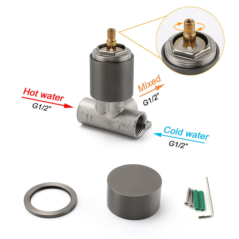 Gun Metal Round 1/4 Knob Handle Wall Mounted Shower Hot Cold Water Mixer Tap Kit V1233-KC1292GM