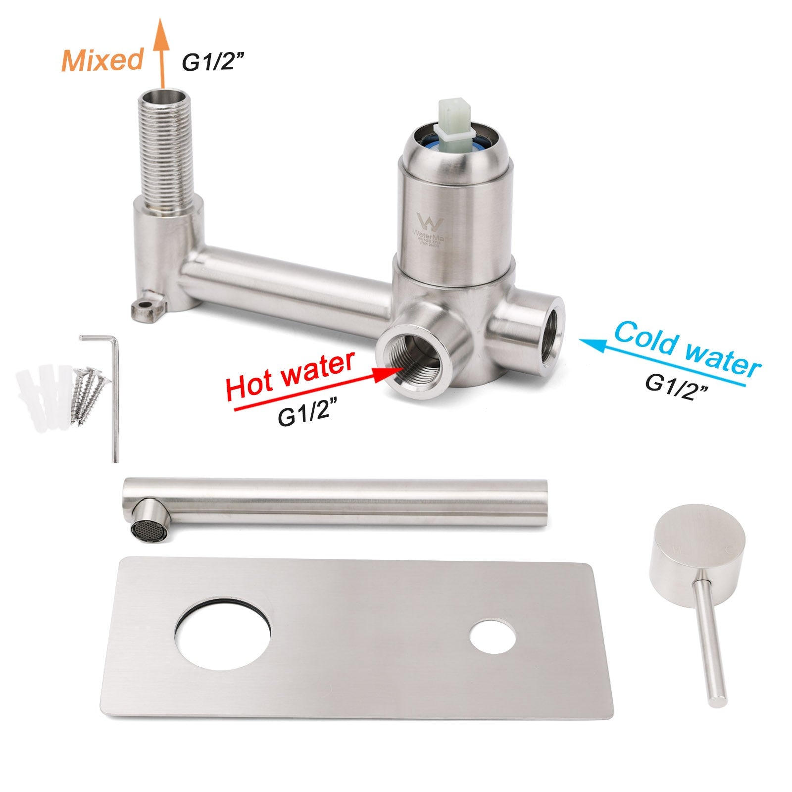 Brushed Nickel Round Wall Mounted Basin Vanity Mixer Bathtub Straight Spout Tap V1233-KPL301N