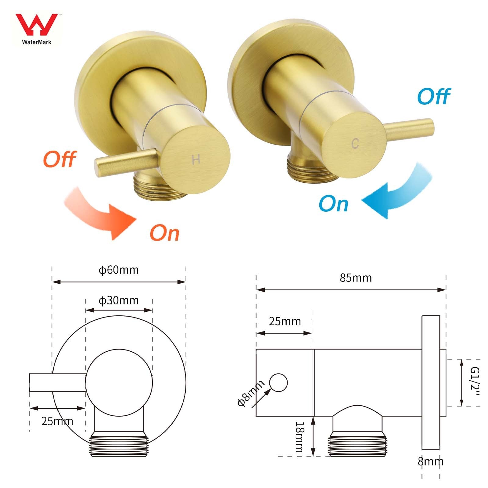 Watermark Brushed Gold Round Washing Machine 1/4 Turn Hot Cold Twin Taps Set V1233-KPL401BG