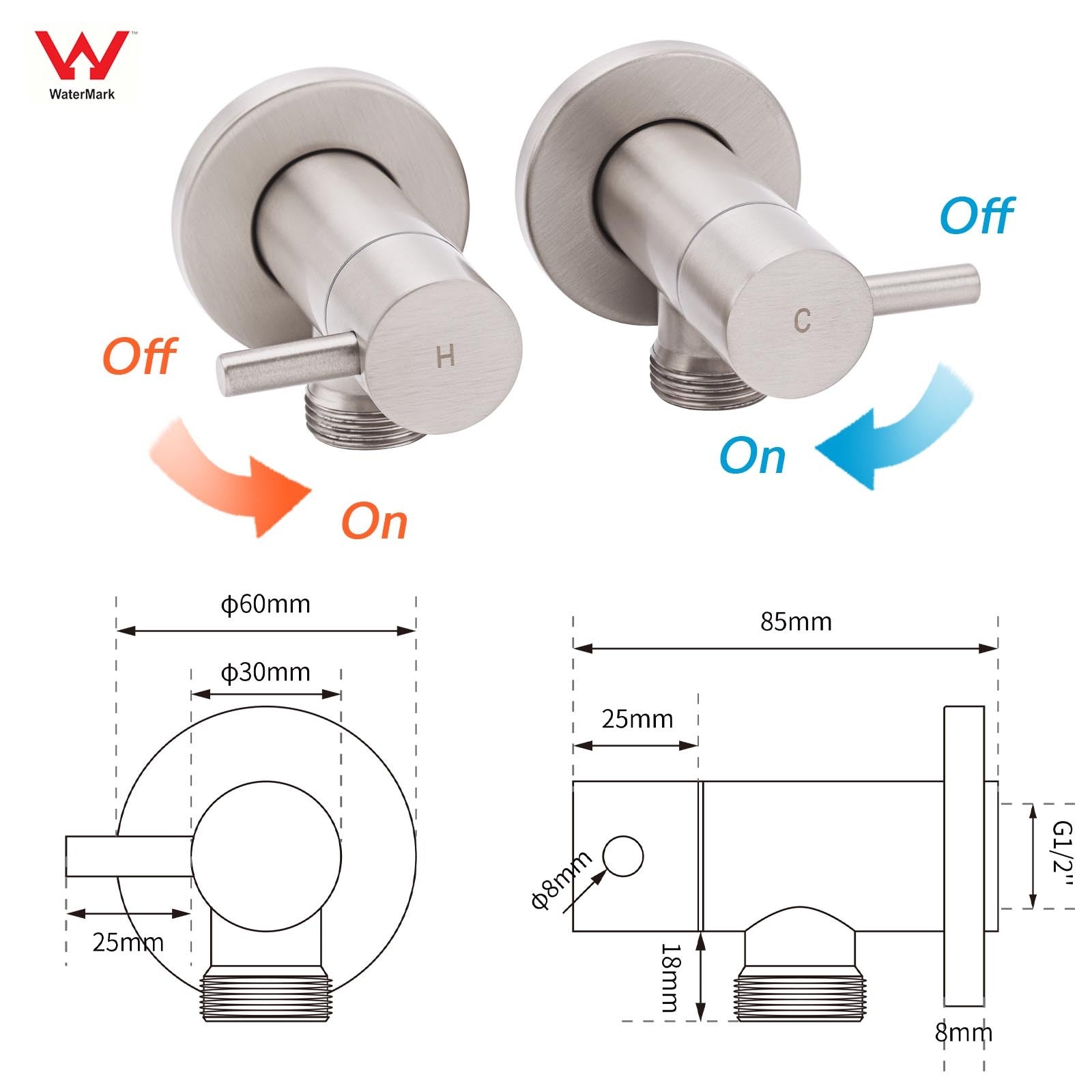 Brushed Nickel 1/4 Turn Twin Washing Machine Tap Set Wall Mounted Hot Cold Valve V1233-KPL401BN